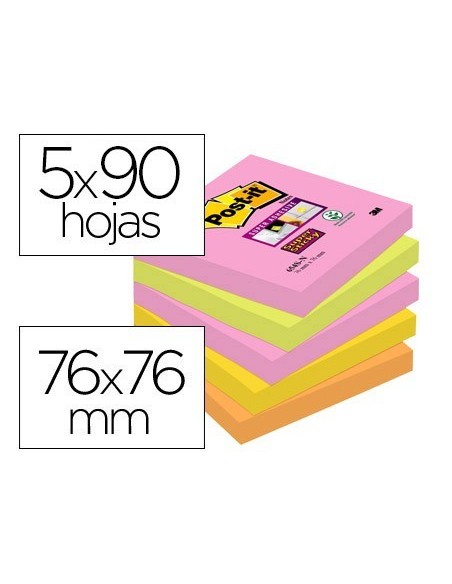 BLOC DE NOTAS ADHESIVAS QUITA Y PON POST-IT SUPER STICKY 76X76 MM CON 90 HOJAS PACK DE 5 BLOC COLORES SURTIDOS