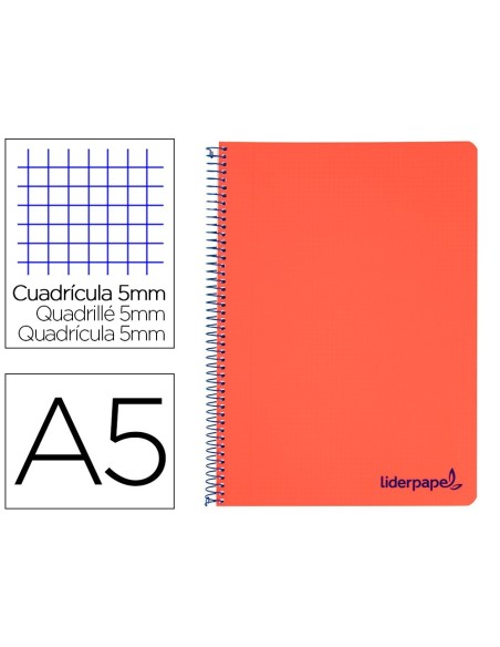 CUADERNO ESPIRAL LIDERPAPEL A5 MICRO WONDER TAPA PLASTICO 120H 90G CUADRO 5MM 5 BANDAS 6 TALADROS COLOR ROJO