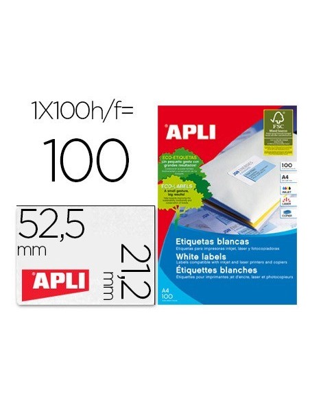 ETIQUETA ADHESIVA APLI 1284 TAMAÑO 52,5 X 21,2 MM PARA FOTOCOPIADORA LASER INK-JET CAJA CON 100 HOJAS DIN A4