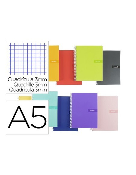 CUADERNO ESPIRAL LIDERPAPEL A5 CRAFTY TAPA FORRADA 80H 90 GR CUADRO 3 MM CON MARGEN COLORES SURTIDOS