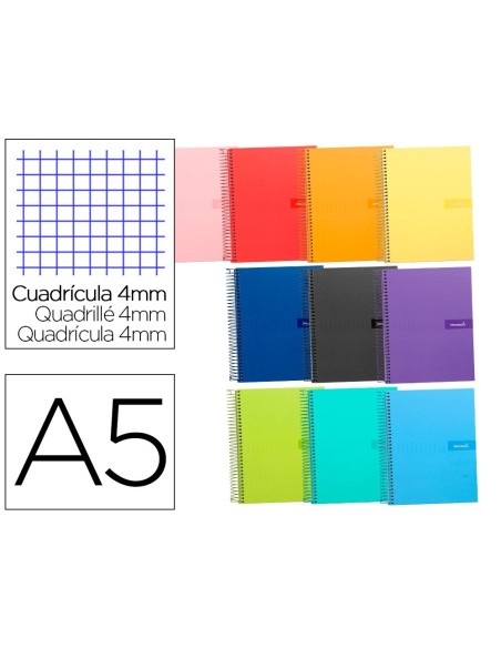 CUADERNO ESPIRAL LIDERPAPEL A5 CRAFTY TAPA FORRADA 80H 90 GR CUADRO 4 MM CON MARGEN COLORES SURTIDOS