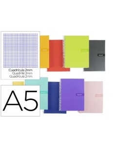 CUADERNO ESPIRAL LIDERPAPEL A5 CRAFTY TAPA FORRADA 80H 90 GR MILIMETRADO 2MM COLORES SURTIDOS