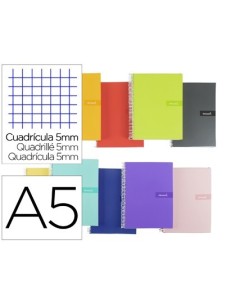 CUADERNO ESPIRAL LIDERPAPEL A5 CRAFTY TAPA FORRADA 80H 90 GR CUADRO 5 MM CON MARGEN COLORES SURTIDOS