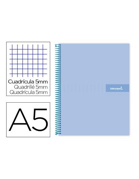 CUADERNO ESPIRAL LIDERPAPEL A5 MICRO CRAFTY TAPA FORRADA 120H 90 GR CUADRO 5MM 5 BANDAS6 TALADROS COLOR CELESTE