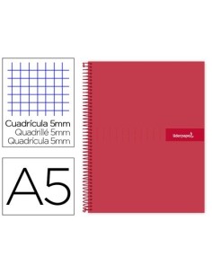 CUADERNO ESPIRAL LIDERPAPEL A5 MICRO CRAFTY TAPA FORRADA 120H 90 GR CUADRO 5MM 5 BANDAS6 TALADROS COLOR ROJO