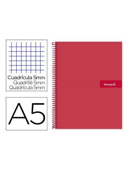 CUADERNO ESPIRAL LIDERPAPEL A5 MICRO CRAFTY TAPA FORRADA 120H 90 GR CUADRO 5MM 5 BANDAS6 TALADROS COLOR ROJO