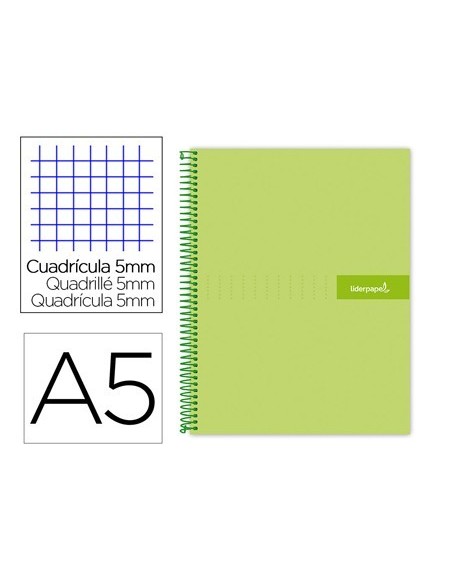 CUADERNO ESPIRAL LIDERPAPEL A5 MICRO CRAFTY TAPA FORRADA 120H 90 GR CUADRO 5MM 5 BANDAS6 TALADROS COLOR VERDE