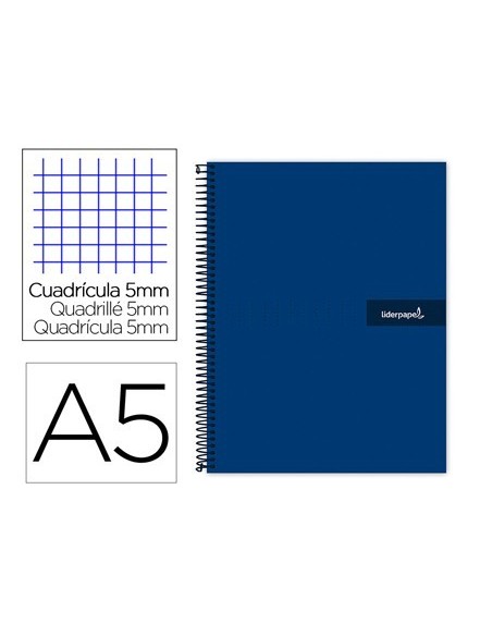 CUADERNO ESPIRAL LIDERPAPEL A5 MICRO CRAFTY TAPA FORRADA 120H 90 GR CUADRO 5MM 5 BANDAS6 TALADROS COLOR AZUL