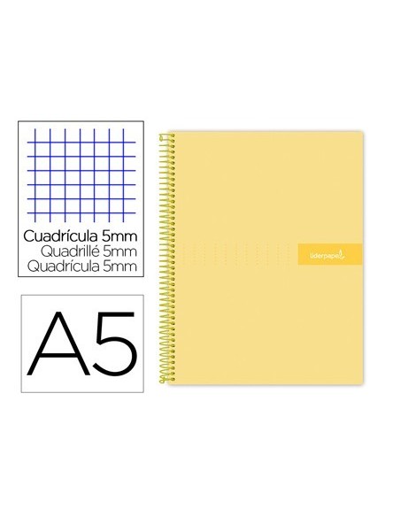 CUADERNO ESPIRAL LIDERPAPEL A5 MICRO CRAFTY TAPA FORRADA 120H 90 GR CUADRO 5MM 5 BANDAS6 TALADROS COLOR AMARILLO