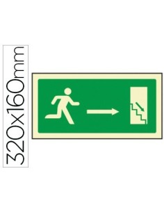 PICTOGRAMA SYSSA SEÑAL DE SALIDA EMERGENCIA DERECHA ESCALERA BAJANDO EN PVC FOTOLUMINISCENTE 320X160 MM