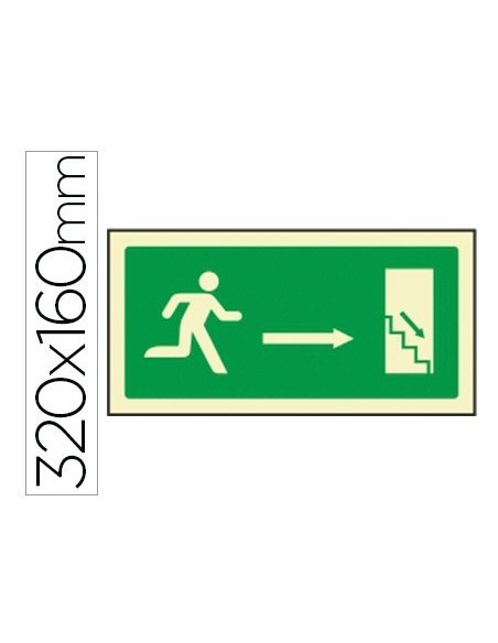 PICTOGRAMA SYSSA SEÑAL DE SALIDA EMERGENCIA DERECHA ESCALERA BAJANDO EN PVC FOTOLUMINISCENTE 320X160 MM