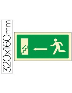 PICTOGRAMA SYSSA SEÑAL DE SALIDA EMERGENCIA IZQUIERDA ESCALERA BAJANDO EN PVC FOTOLUMINISCENTE 320X160 MM