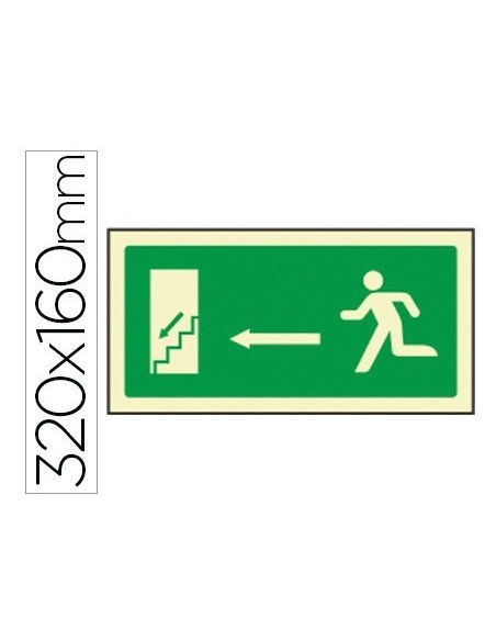 PICTOGRAMA SYSSA SEÑAL DE SALIDA EMERGENCIA IZQUIERDA ESCALERA BAJANDO EN PVC FOTOLUMINISCENTE 320X160 MM