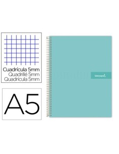 CUADERNO ESPIRAL LIDERPAPEL A5 MICRO CRAFTY TAPA FORRADA 120H 90 GR CUADRO 5MM 5 BANDAS6 TALADROS COLOR TURQUESA
