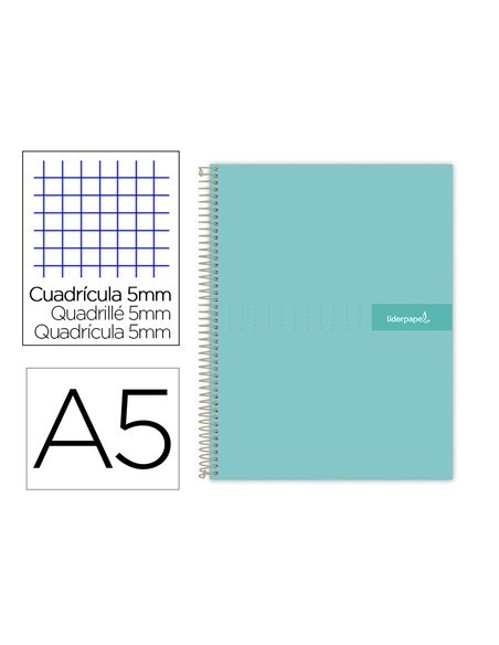 CUADERNO ESPIRAL LIDERPAPEL A5 MICRO CRAFTY TAPA FORRADA 120H 90 GR CUADRO 5MM 5 BANDAS6 TALADROS COLOR TURQUESA