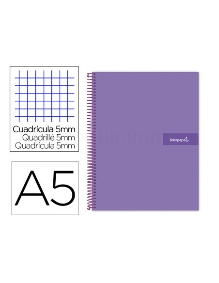 CUADERNO ESPIRAL LIDERPAPEL A5 MICRO CRAFTY TAPA FORRADA 120H 90 GR CUADRO 5MM 5 BANDAS6 TALADROS COLOR VIOLETA