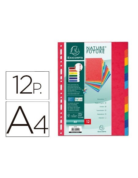 SEPARADOR EXACOMPTA CARTULINA SIMIL PRESPAN JUEGO DE 12 SEPARADORES DIN A4 MULTITALADRO COLORES VIVOS