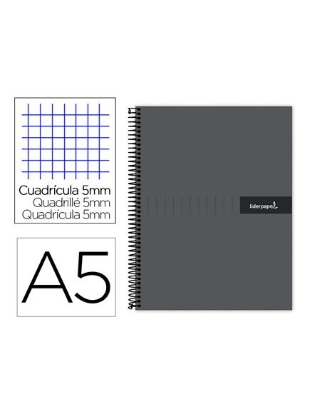 CUADERNO ESPIRAL LIDERPAPEL A5 MICRO CRAFTY TAPA FORRADA 120H 90 GR CUADRO 5MM 5 BANDAS6 TALADROS COLOR NEGRO