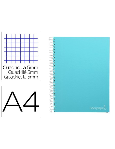 CUADERNO ESPIRAL LIDERPAPEL A4 MICRO JOLLY TAPA FORRADA 140H 75 GR CUADRO 5MM 5 BANDAS4 TALADROS COLOR CELESTE