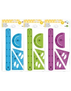 JUEGO ESCUADRA 10 CM CARTABON 14 CM REGLA 30 CM Y SEMICIRC. PLASTICO FLEXIBLE EN PETACA LIDERPAPEL COLORES SURTIDOS