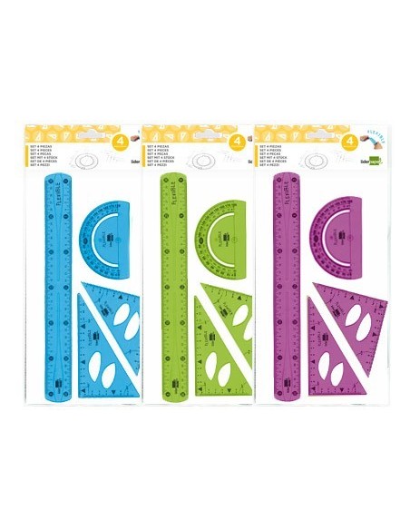 JUEGO ESCUADRA 10 CM CARTABON 14 CM REGLA 30 CM Y SEMICIRC. PLASTICO FLEXIBLE EN PETACA LIDERPAPEL COLORES SURTIDOS