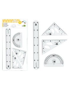 JUEGO ESCUADRA 10 CM CARTABON 14 CM REGLA 30 CM Y SEMICIRC. PLASTICO FLEXIBLE EN PETACA LIDERPAPEL TRANSPARENTE