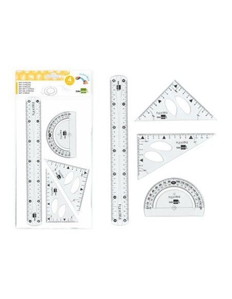 JUEGO ESCUADRA 10 CM CARTABON 14 CM REGLA 30 CM Y SEMICIRC. PLASTICO FLEXIBLE EN PETACA LIDERPAPEL TRANSPARENTE