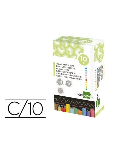 TIZA COLOR ANTIPOLVO LIDERPAPEL CAJA DE 10 UNIDADES COLORES SURTIDOS