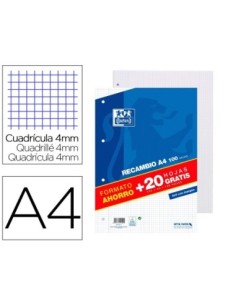 RECAMBIO OXFORD A4 100 + 20 HOJAS GRATIS 90 GR CUADRO 4MM 4 TALADROS