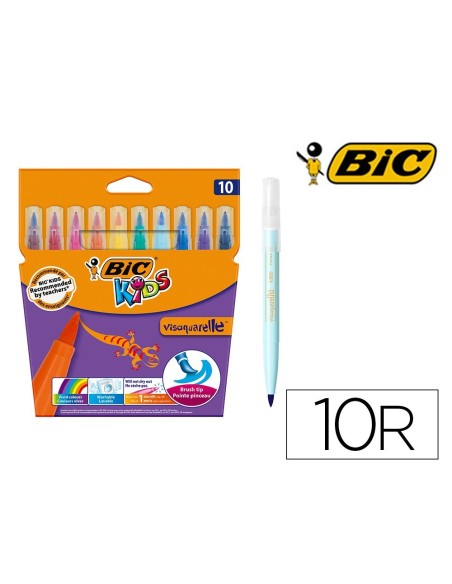ROTULADOR BIC KIDS VISAQUARELLE ESTUCHE DE 10 COLORES PUNTA PINCEL TINTA BASE DE AGUA