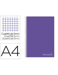 CUADERNO ESPIRAL LIDERPAPEL A4 MICRO JOLLY TAPA FORRADA 140H 75 GR CUADRO 5MM 5 BANDAS 4 TALADROS COLOR LILA