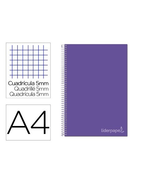 CUADERNO ESPIRAL LIDERPAPEL A4 MICRO JOLLY TAPA FORRADA 140H 75 GR CUADRO 5MM 5 BANDAS 4 TALADROS COLOR LILA