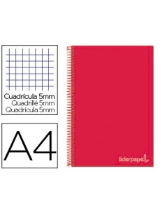 CUADERNO ESPIRAL LIDERPAPEL A4 MICRO JOLLY TAPA FORRADA 140H 75 GR CUADRO 5MM 5 BANDAS 4 TALADROS COLOR ROJO