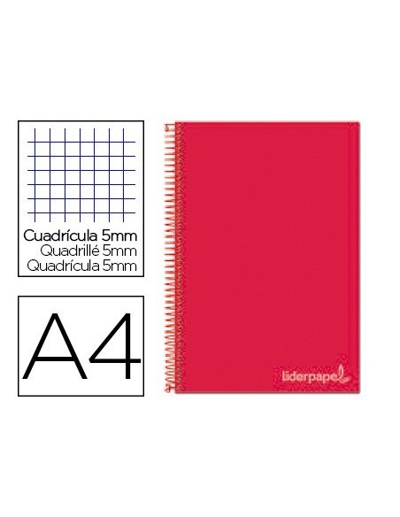 CUADERNO ESPIRAL LIDERPAPEL A4 MICRO JOLLY TAPA FORRADA 140H 75 GR CUADRO 5MM 5 BANDAS 4 TALADROS COLOR ROJO