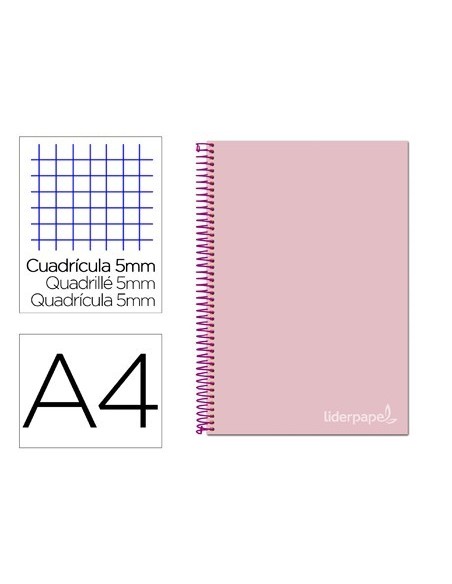 CUADERNO ESPIRAL LIDERPAPEL A4 MICRO JOLLY TAPA FORRADA 140H 75 GR CUADRO 5MM 5 BANDAS 4 TALADROS COLOR ROSA