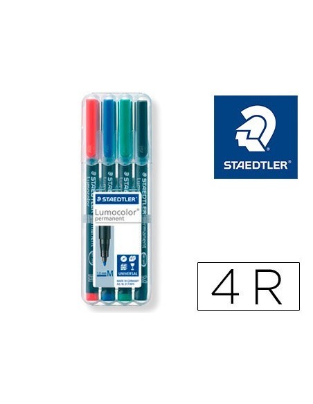 ROTULADOR STAEDTLER LUMOCOLOR RETROPROYECCION PUNTA DE FIBRA PERMANENTE 317 WP ESTUCHE 4 COLORES PUNTA MEDIA