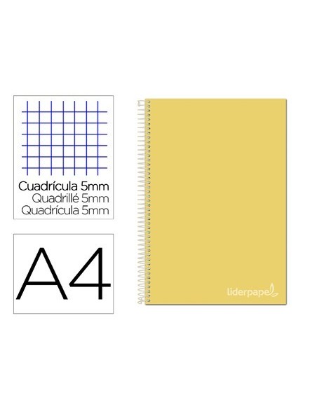 CUADERNO ESPIRAL LIDERPAPEL A4 MICRO JOLLY TAPA FORRADA 140H 75 GR CUADRO 5MM 5 BANDAS4 TALADROS COLOR AMARILLO