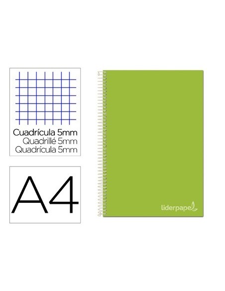 CUADERNO ESPIRAL LIDERPAPEL A4 MICRO JOLLY TAPA FORRADA 140H 75 GR CUADRO 5MM 5 BANDAS 4 TALADROS COLOR VERDE