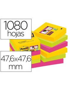 BLOC DE NOTAS ADHESIVAS QUITA Y PON POST-IT SUPER STICKY 47,6X47,6 MM CON 90 HOJAS PACK DE 12 BLOC COLORES