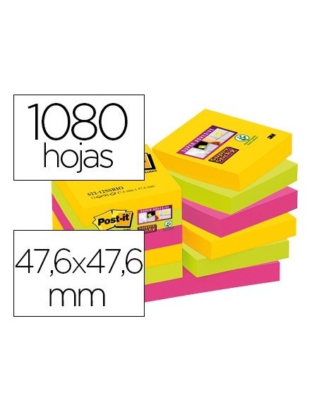 BLOC DE NOTAS ADHESIVAS QUITA Y PON POST-IT SUPER STICKY 47,6X47,6 MM CON 90 HOJAS PACK DE 12 BLOC COLORES