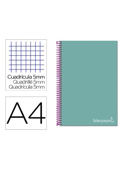 CUADERNO ESPIRAL LIDERPAPEL A4 MICRO JOLLY TAPA FORRADA 140H 75 GR CUADRO 5MM 5 BANDAS4 TALADROS COLOR TURQUESA