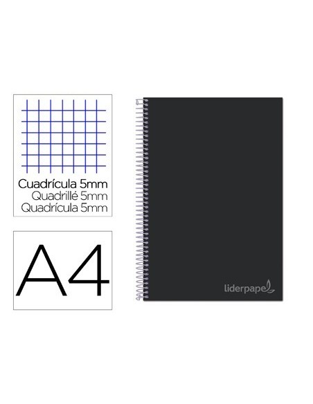 CUADERNO ESPIRAL LIDERPAPEL A4 MICRO JOLLY TAPA FORRADA 140H 75 GR CUADRO 5MM 5 BANDAS 4 TALADROS COLOR NEGRO