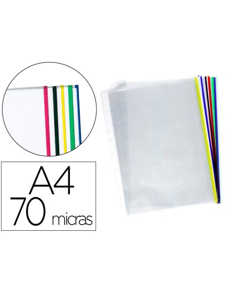 FUNDA MULTITALADRO Q-CONNECT DIN A4 70 MC CRISTAL CON BORDE COLORES SURTIDOS BOLSA DE 25