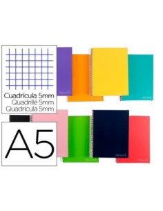 CUADERNO ESPIRAL LIDERPAPEL A5 MICRO JOLLY TAPA FORRADA 140H 75 GR CUADRO 5MM 5 BANDAS6 TALADROS COLORES SURTIDOS