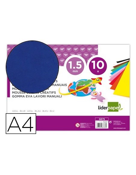 GOMA EVA LIDERPAPEL DIN A4 60G/M2 ESPESOR 1,5MM AZUL PAQUETE DE 10 HOJAS
