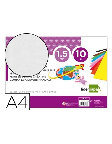 GOMA EVA LIDERPAPEL DIN A4 60G/M2 ESPESOR 1,5MM BLANCO PAQUETE DE 10 HOJAS