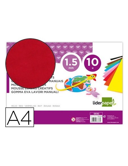 GOMA EVA LIDERPAPEL DIN A4 60G/M2 ESPESOR 1,5MM ROJO PAQUETE DE 10 HOJAS