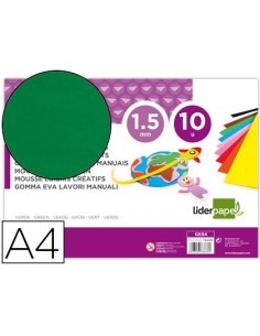 GOMA EVA LIDERPAPEL DIN A4 60G/M2 ESPESOR 1,5MM VERDE PAQUETE DE 10 HOJAS