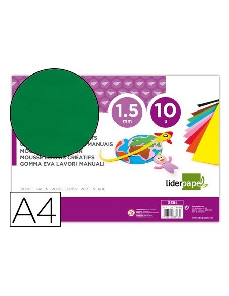 GOMA EVA LIDERPAPEL DIN A4 60G/M2 ESPESOR 1,5MM VERDE PAQUETE DE 10 HOJAS