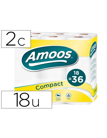 PAPEL HIGIENICO AMOOS DOBLE LARGO 2 CAPAS 120 MM DIAMETRO X 90 MM ALTO PAQUETE DE 18 ROLLOS